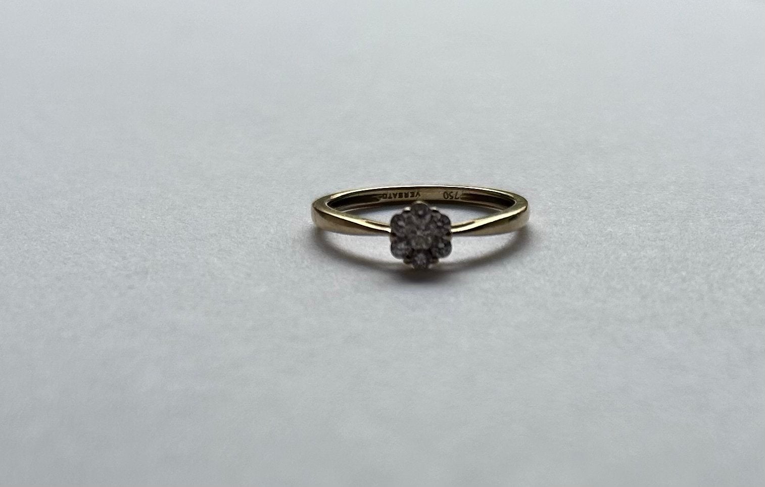 18karaat goudenring,echte diamant 0,15 ct–Versato+cert., Ophalen, Zo goed als nieuw, Goud