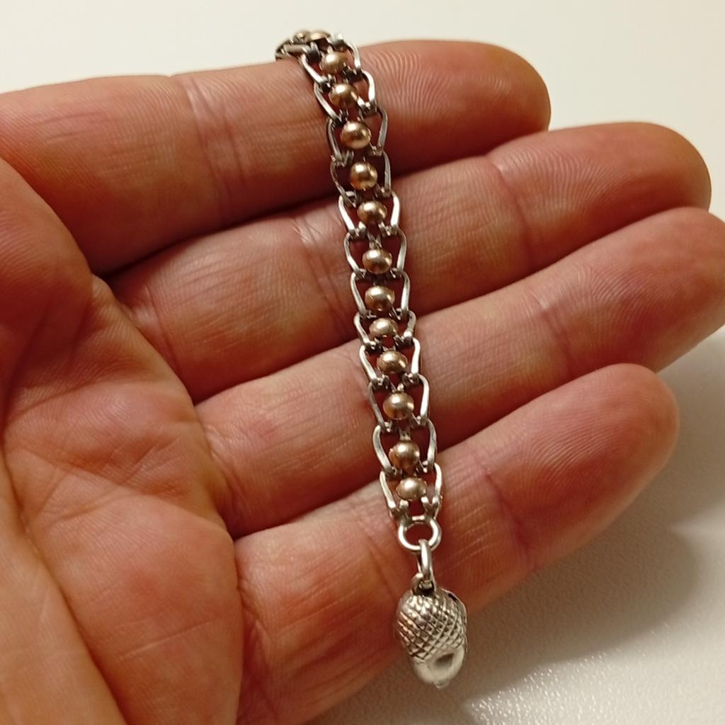 Antieke armband zilver met vergulde plaatjes en hanger, Ophalen of Verzenden, Gebruikt, Zilver, Zilver