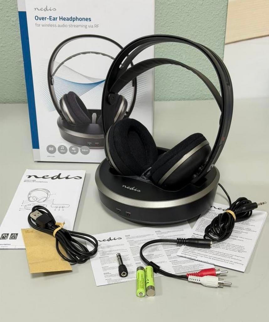 Casque TV sans fil Nedis RF 100m + station de charge, Neuf, Enlèvement ou Envoi, Over-ear, Fonction muet du microphone