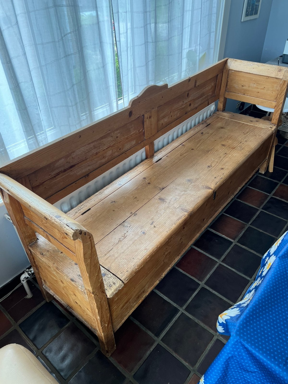 Banc en pin ancien avec rangement, Enlèvement, Utilisé, Pin, 150 à 200 cm