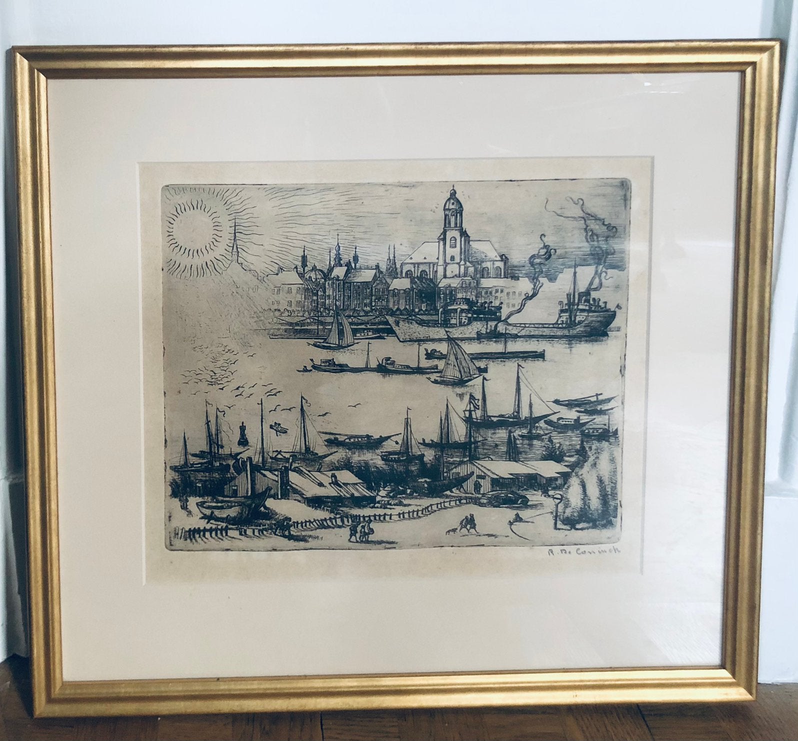 René de Coninck, ets, gezicht op Andrieskwartier, Antwerpen, Antiek en Kunst, 44 cm, 48 cm, Stadsgezicht, Ophalen of Verzenden