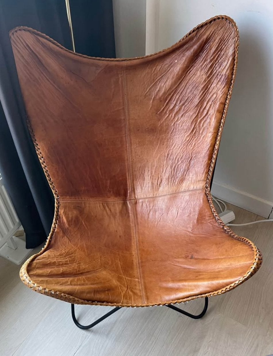 Vintage Leather Butterfly Chair / Vlinderstoel - Mid Century, Ophalen of Verzenden, Zo goed als nieuw