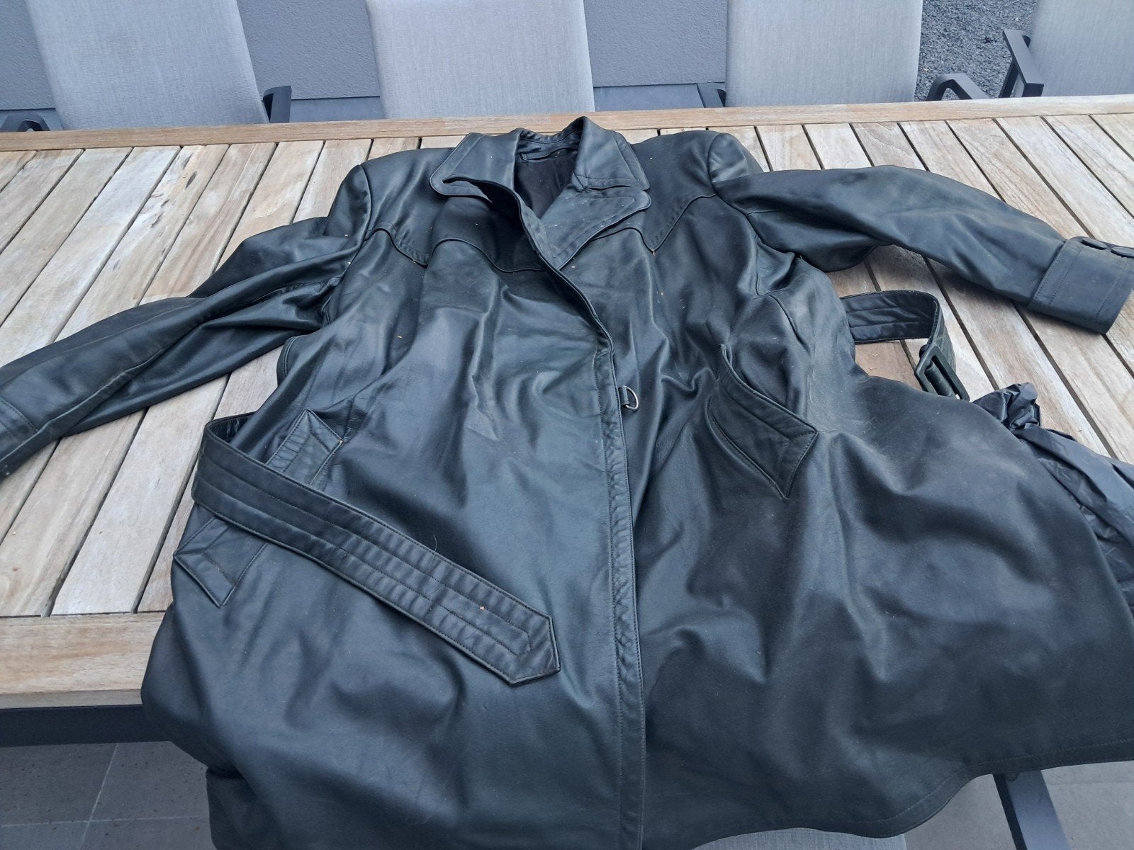vintage donkergroene lange heren trenchcoat van echt leer, Ophalen