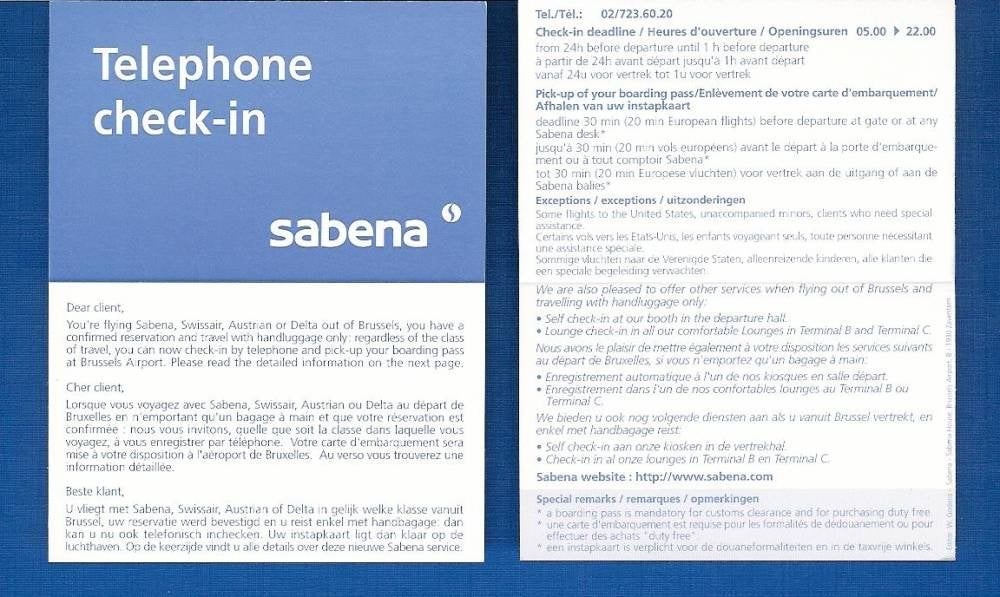 Sabena Document #052 Telephone Check-In, Ophalen of Verzenden, Nieuw