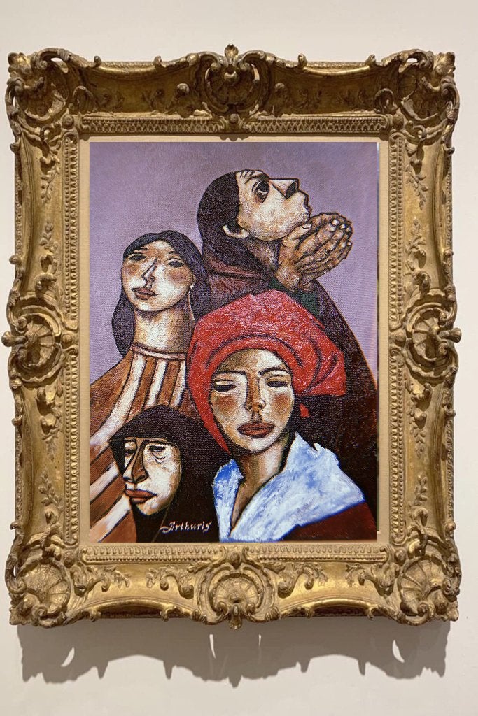 « Les Quatre Grâces », Antiquités & Art, Art | Peinture | Moderne, Textile, Peinture à l'huile, Portrait, Sur cadre en bois