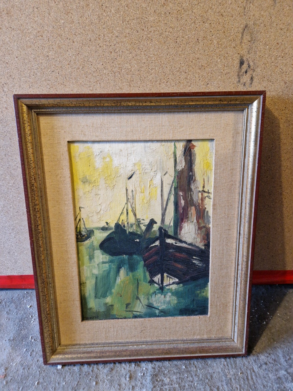 Peinture à l'huile signée Port avec bateaux — vintage, Antiquités & Art, Enlèvement, Vintage, Signé