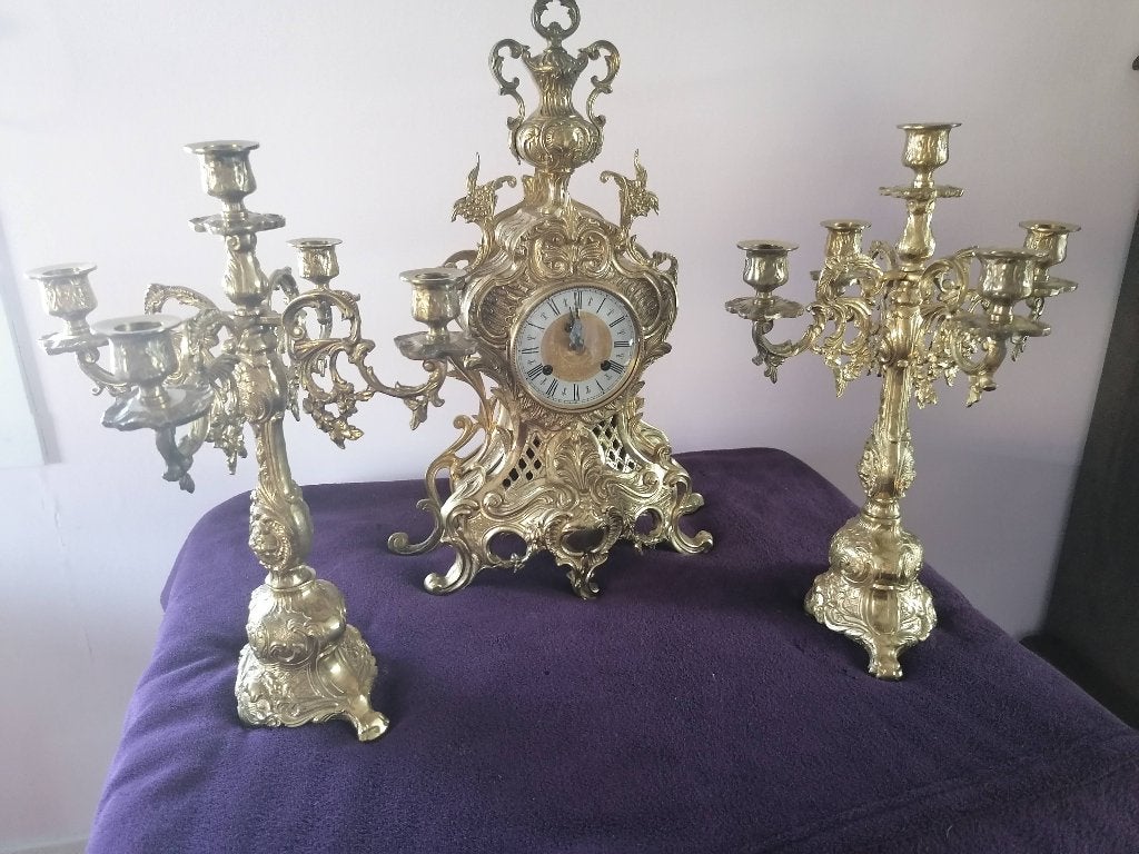 bronzen klok met 2 kandelaars, Antiek en Kunst, Ophalen