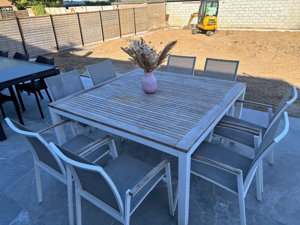 Teak tuintafel + 8 bijpassende stoelen, Jardin & Terrasse, Tables de jardin, Utilisé, Carré, Bois de teck, Enlèvement