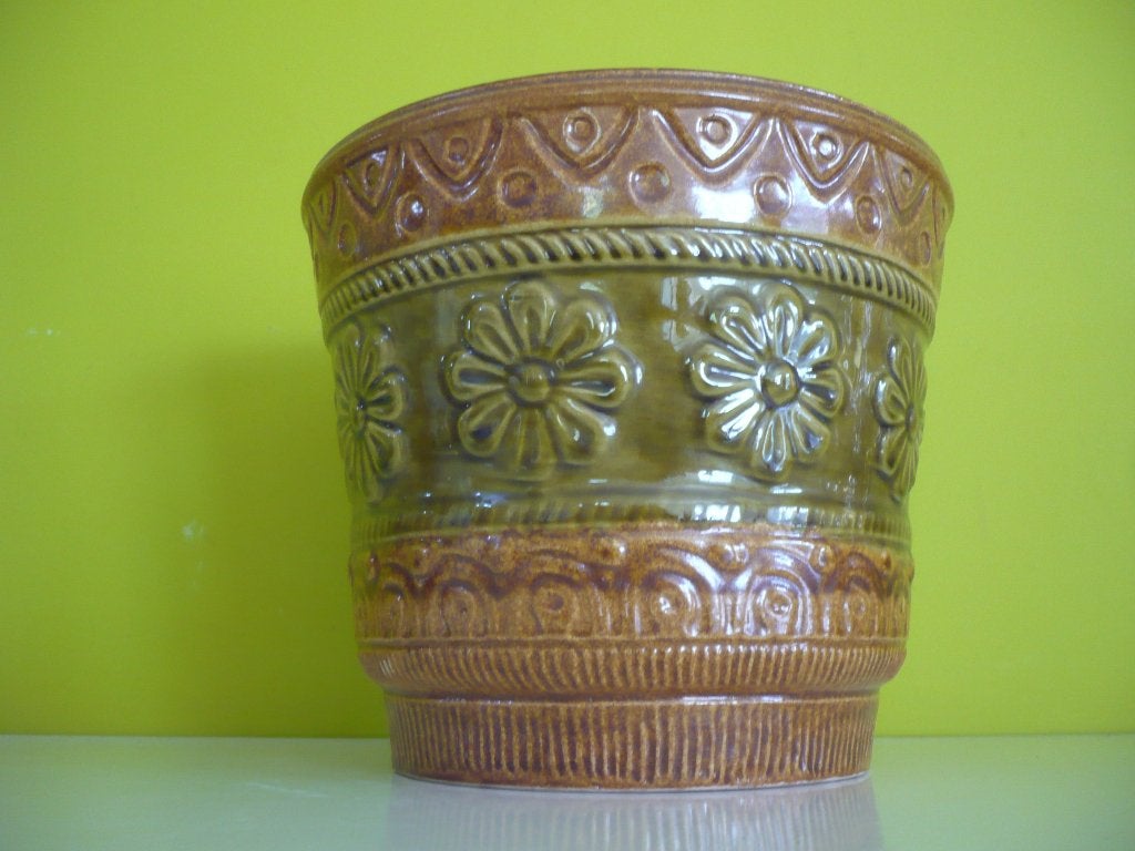 Mooie vintage bloempot / cache-pot U-keramik west-germany, Gebruikt, Rond, Binnen, Ophalen of Verzenden