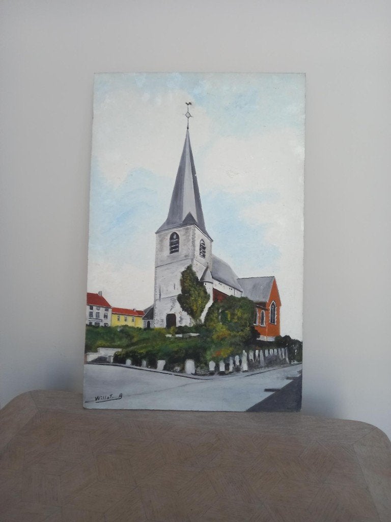 Schilderij Kerk van Saint-Géry Ronquières - België, Antiek en Kunst, Kunst | Schilderijen | Klassiek, Stads- / dorpsgezicht, Klassiek