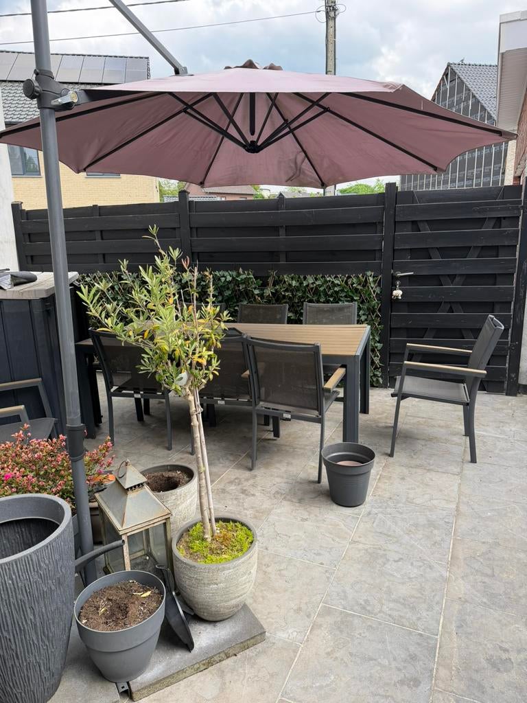Tuinparasol (COMPLEET met voet en zwaartetegels), Jardin & Terrasse, Parasols, Enlèvement, Utilisé, Base de parasol