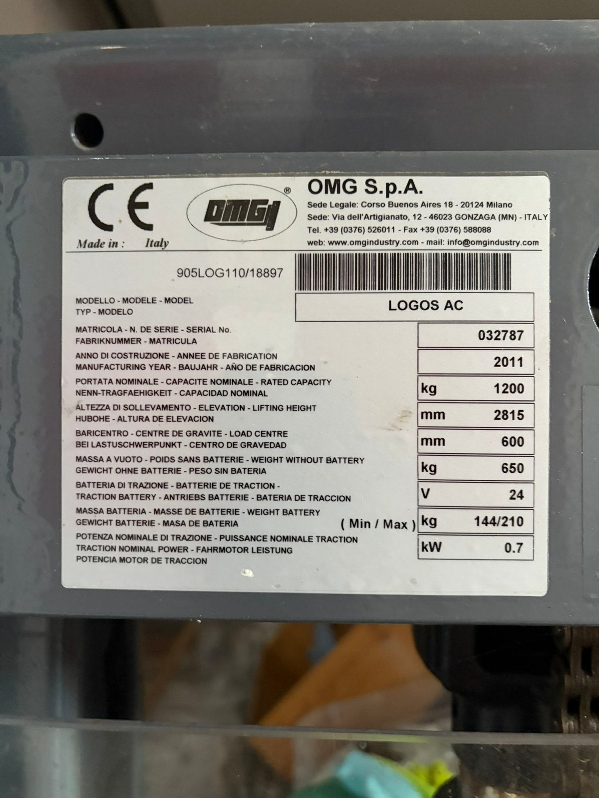Gerbeur électrique OMG Logos AC – 1200 kg – Entretien inclus, Enlèvement, Électrique
