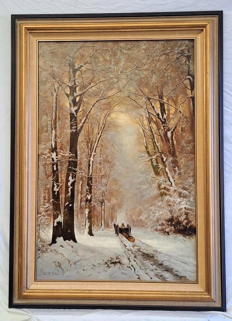 Schilderij W.O. Johann - Boswegel in de winter, Doek, Ophalen of Verzenden, Landschap, Olieverf