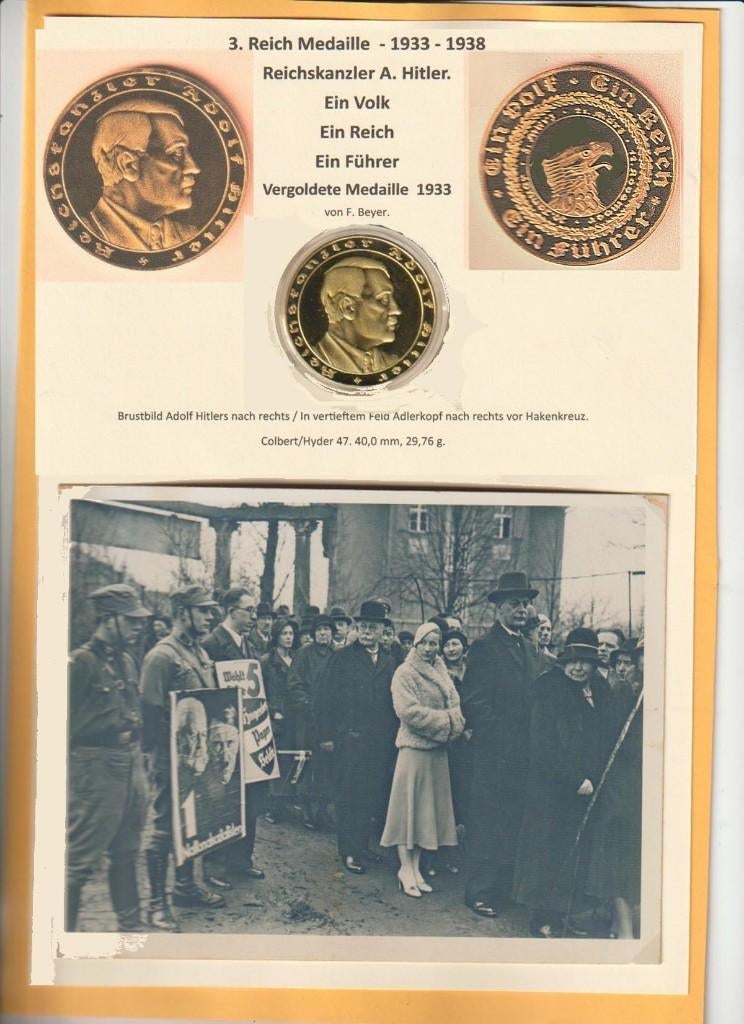 Hitler Rijkskanselier, munt + foto's & postkaart., Verzamelen, Ophalen of Verzenden, Overige soorten, Embleem of Badge