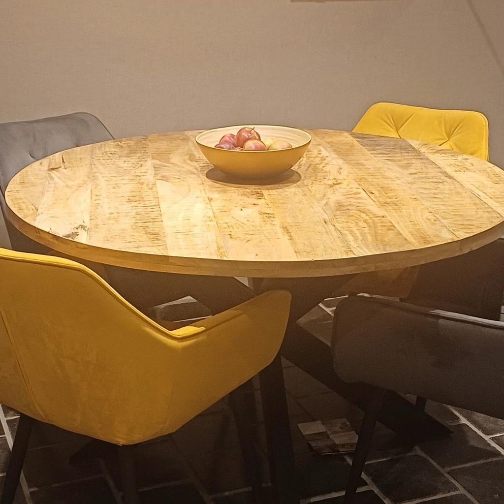 Ronde mango houten eettafel + 4 stoelen in velours., Enlèvement
