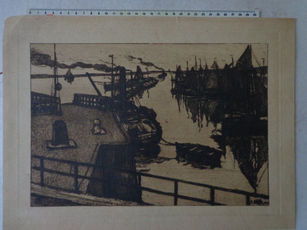 ets in bister van Auguste Oleffe "Haven" uit 1908, Ets, Ophalen of Verzenden, Gesigneerd, Landschap
