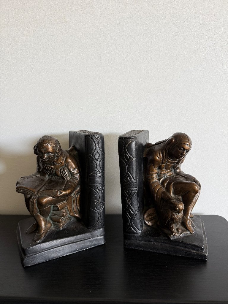 Zware Vintage Boekensteunen – Filosoof & Nar met Uil, Enlèvement
