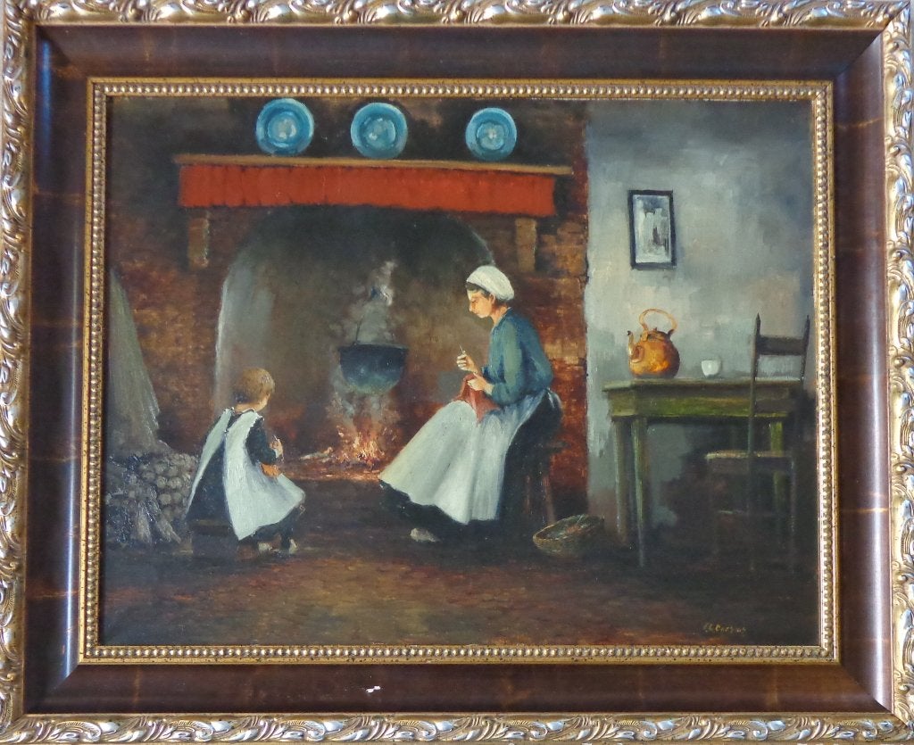 F. L. CORSIUS / INTERIEURSCENE / OLIEVERF / 93x113cm / KADER, Ophalen, Doek, Portret of Personen, Expressionistisch