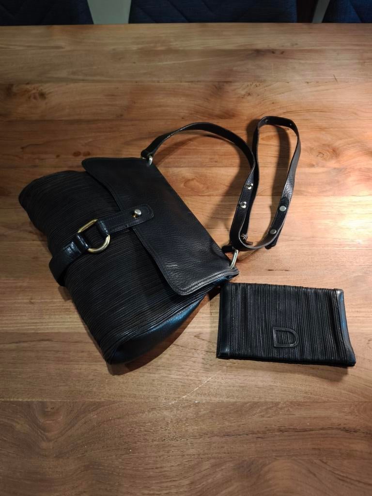 Sac a main vintage Delvaux noir toile de cuire+ portefeuille, Enlèvement ou Envoi, Utilisé, Noir, Sac à main