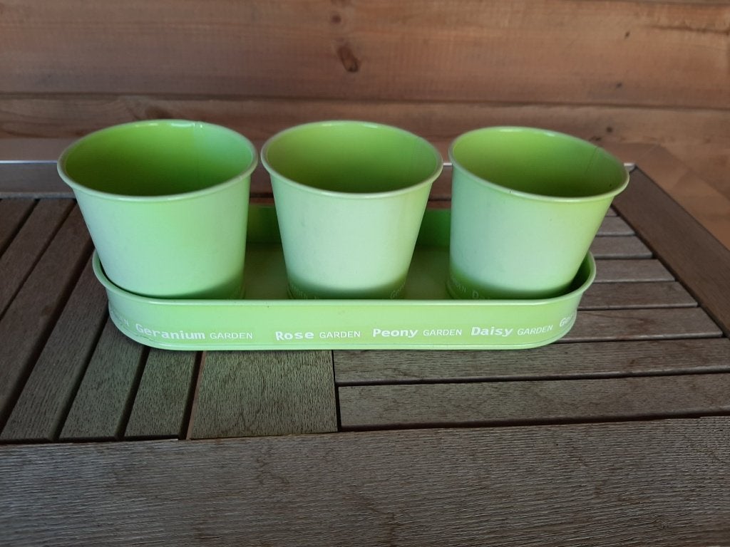 3 metalen bloempotjes met dienblad,rose garden, Enlèvement
