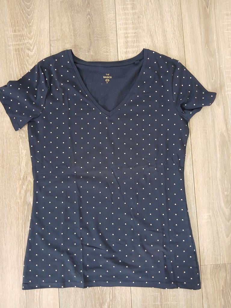 Blauw tshirt met witte bolletjes, Maat 38/40 (M), Blauw, Nieuw, Ophalen of Verzenden