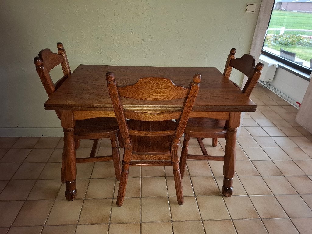 eiken tafel + 4 eiken stoelen, Ophalen, Eikenhout, Eiken meubelen, 50 tot 100 cm