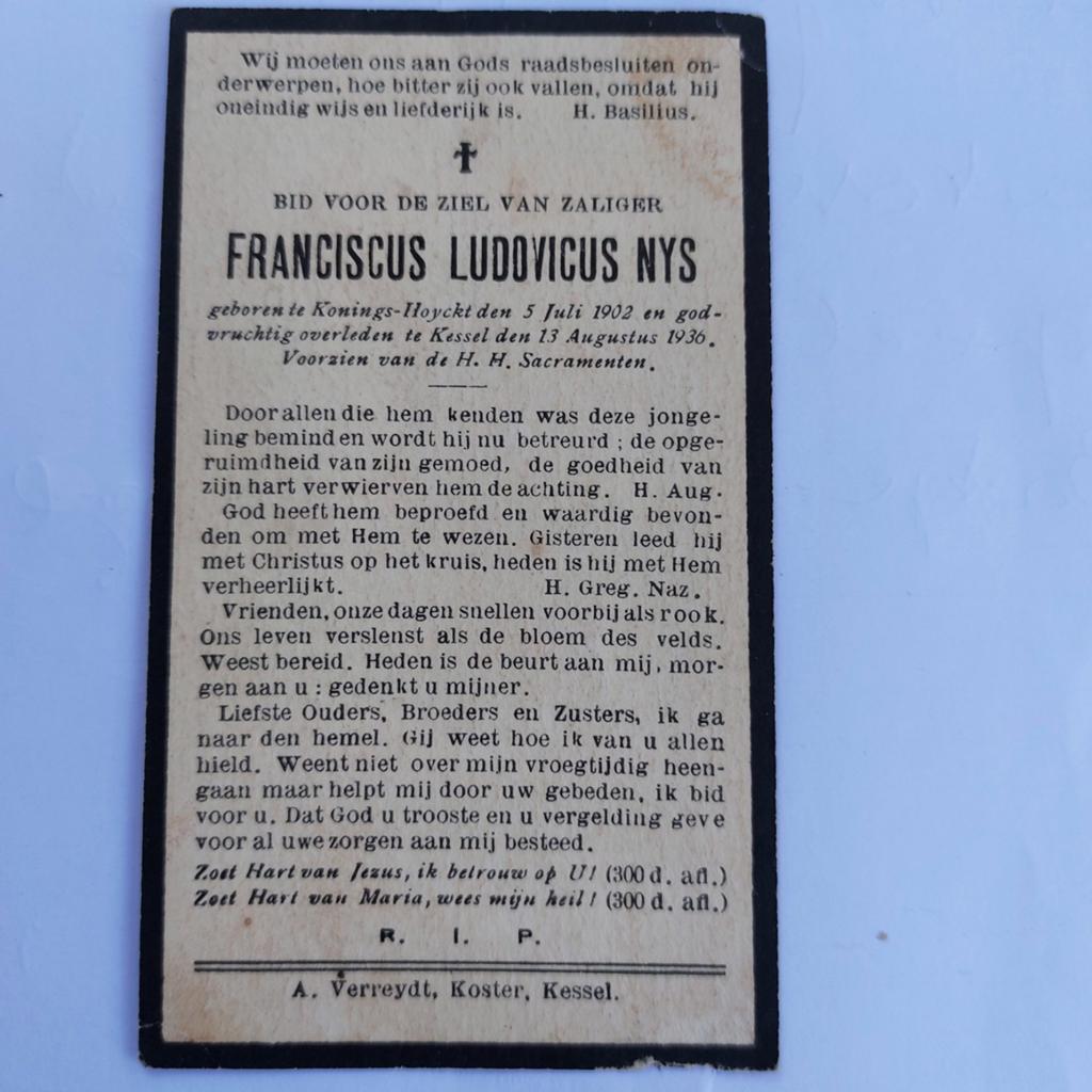 Oud bidprentje Franciscus Nys + 1936, Ophalen of Verzenden, Bidprentje