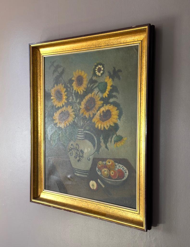 XL Stilleven met zonnebloemen – olieverf schilderij in lijst, Antiek en Kunst, Kunst | Schilderijen | Klassiek, Ophalen