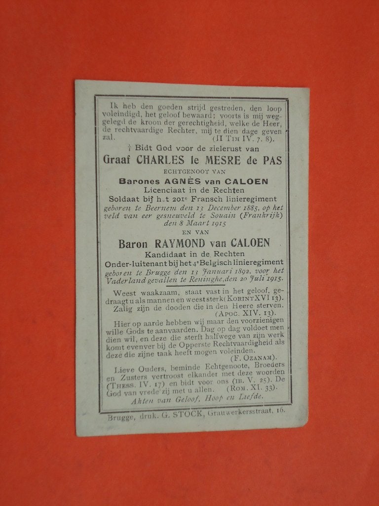 Graaf Charles le Mesre de Pas  Beernem 1885  - Souain 1915, Verzamelen, Ophalen of Verzenden, Bidprentje