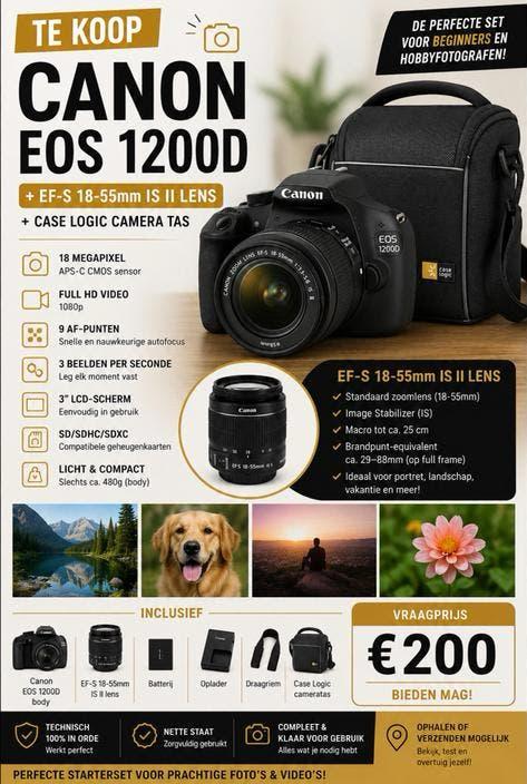 Canon EOS 1200D DSLR + EF-S 18-55mm IS II lens, Ophalen of Verzenden, Zo goed als nieuw, Canon