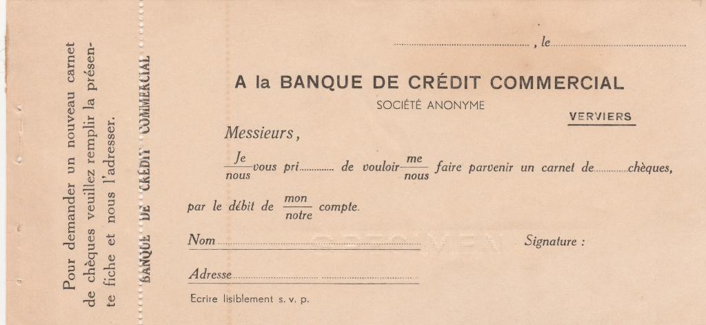 CHÈQUE BANQUES DE CRÉDIT COMMERCIAL VERVIERS, Enlèvement ou Envoi, Utilisé