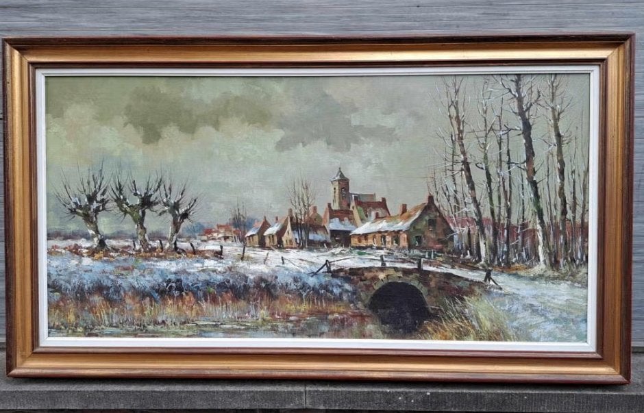 Huile sur toile paysage enneige signe mees, Antiquités & Art, Enlèvement, Paysage, Toile