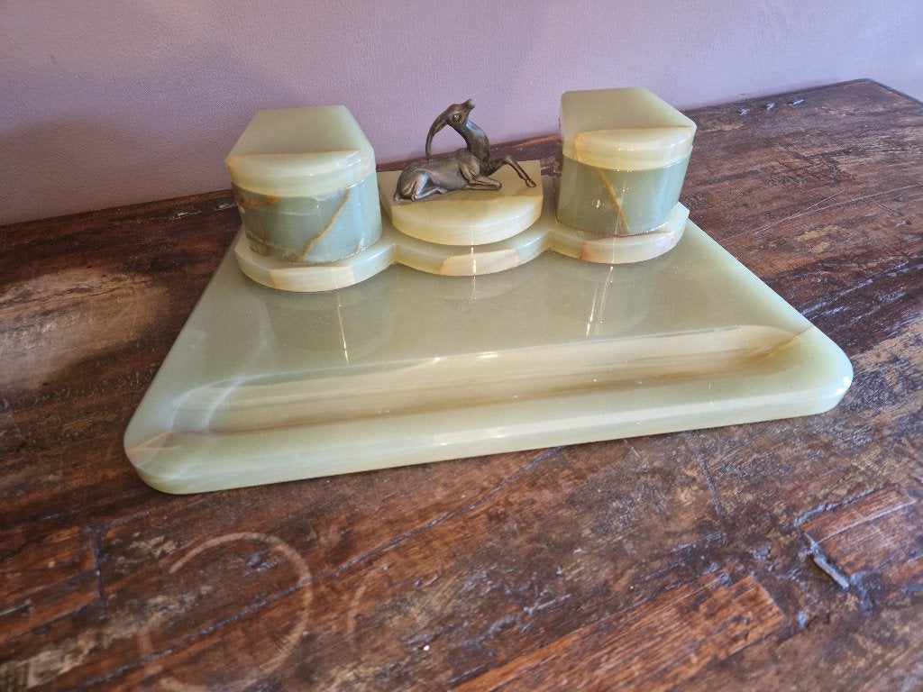 Art Deco Inktstel van groene Onyx & Brons, Ophalen of Verzenden