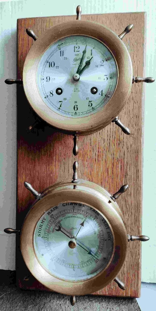 Messing Scheepsklok en Barometer op Houten Plank, Ophalen