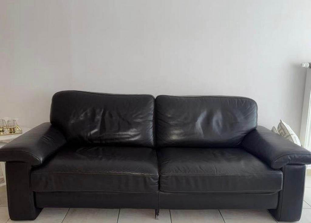 Zwarte Leren Zetels - 2 delig (190 / 228 cm), Huis en Inrichting, Zetels | Zetels, Ophalen, Gebruikt, Leer