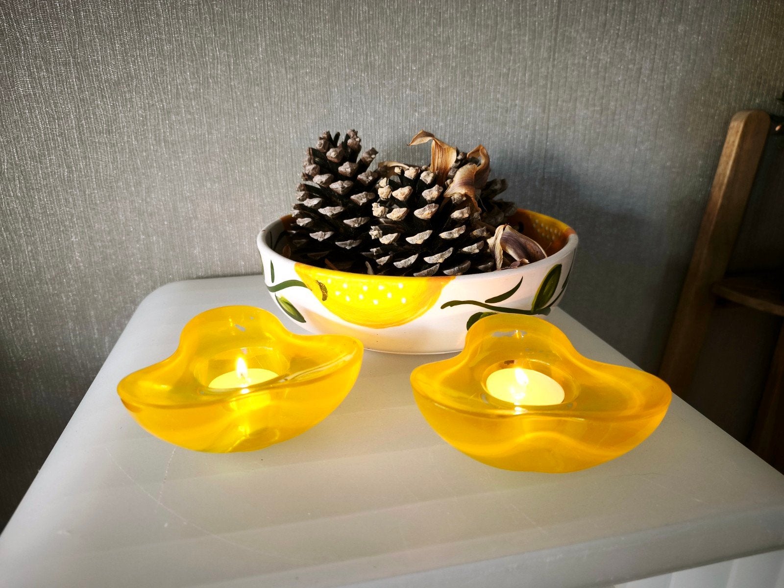 2 photophores vintage jaunes en verre Villeroy & Boch, Enlèvement