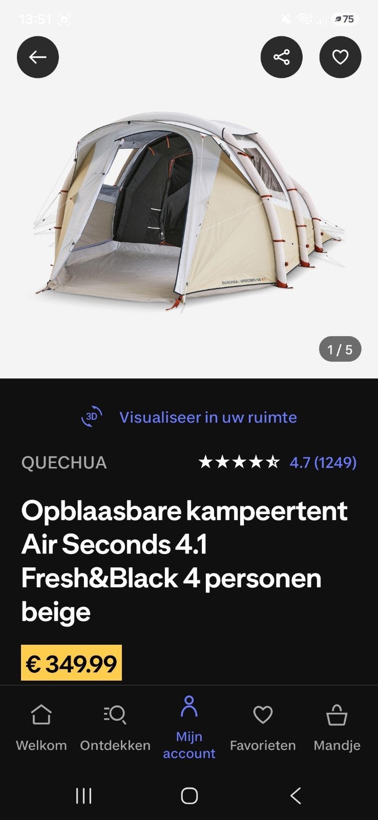 opblaasbare kampeertent, air seconds 4.1, Caravans en Kamperen, Ophalen, Zo goed als nieuw, Tot en met 4