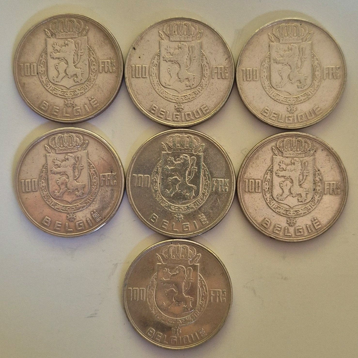 7 Belgische zilveren munt van 100 frank, type: Vier Koningen, Ophalen, Zilver, Setje, Zilver
