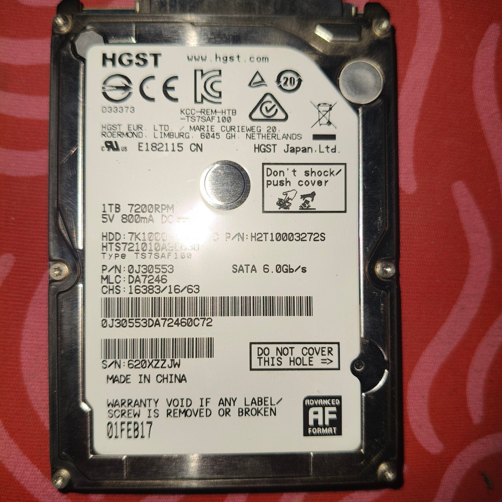 2,5" HGST interne harde schijf (7200 rpm) laptop van 1 TB, Computers en Software, Harde schijven, Intern, Gebruikt, Hgst, HDD