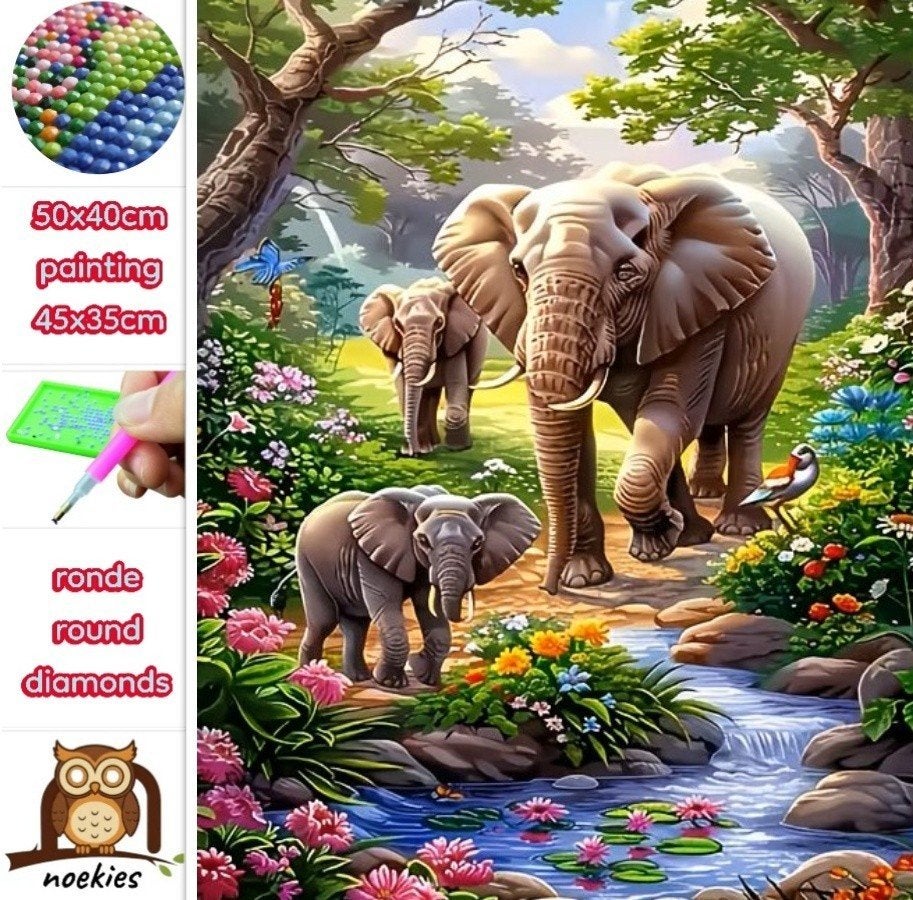 50x40cm Diamond Painting Olifant meerkleurig (rond) nr 80, Hobby en Vrije tijd, Knutselen, Nieuw, Diamond painting, Educatief