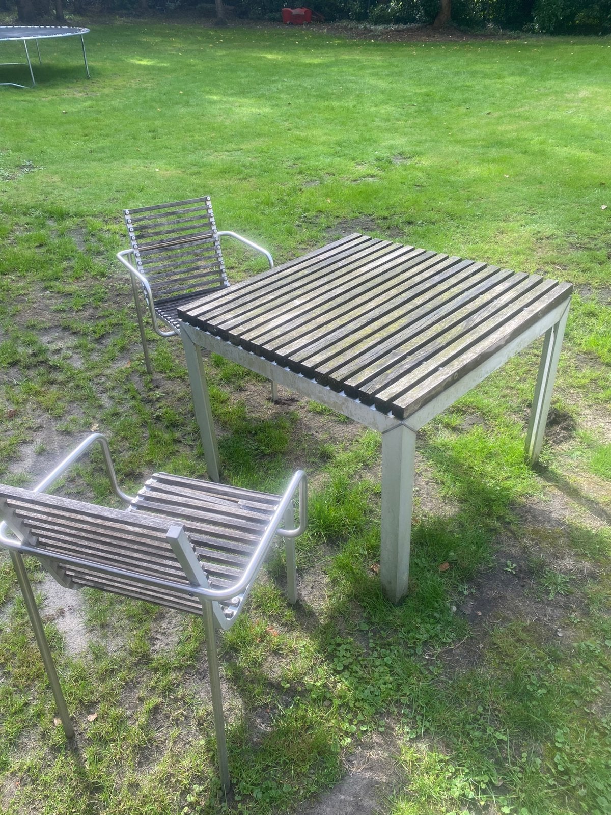 Extremis vierkante tuintafel + 2 stoelen, Ophalen, Gebruikt, Vierkant, Hout