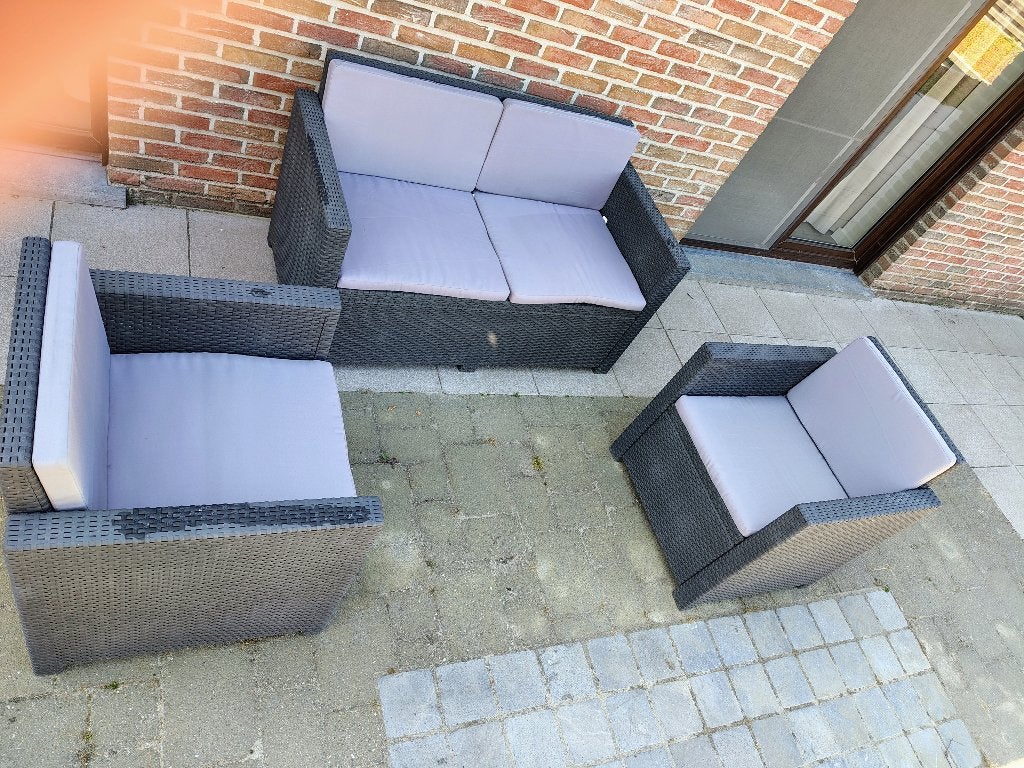 Mooie loungeset (2-zits bank + 2 fauteuils) met kussens, Ophalen, 4 zitplaatsen, Zo goed als nieuw, Loungeset