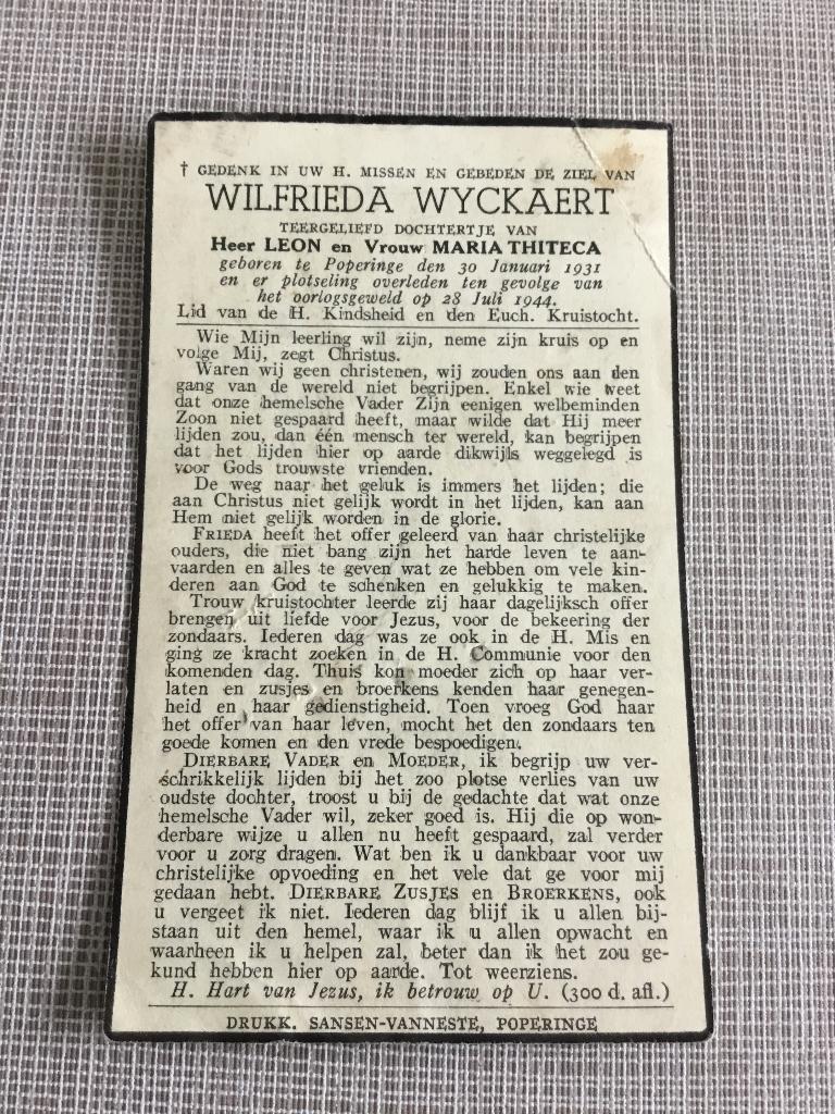 Oorlogsslachtoffer kind W.Wyckaert +1944 POPERINGE WOII, Envoi, Image pieuse
