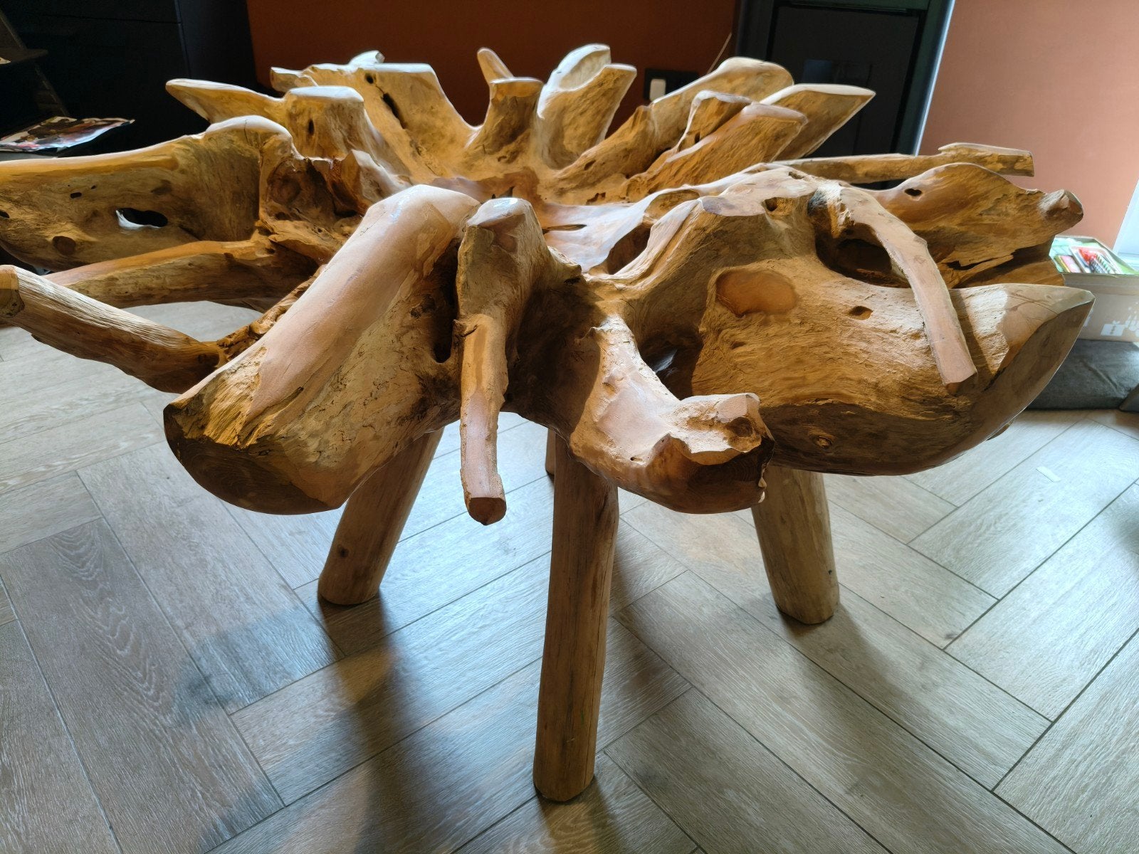 Root wood onderstel eettafel, Huis en Inrichting, Ophalen, Zo goed als nieuw, Vijf personen of meer, Rond