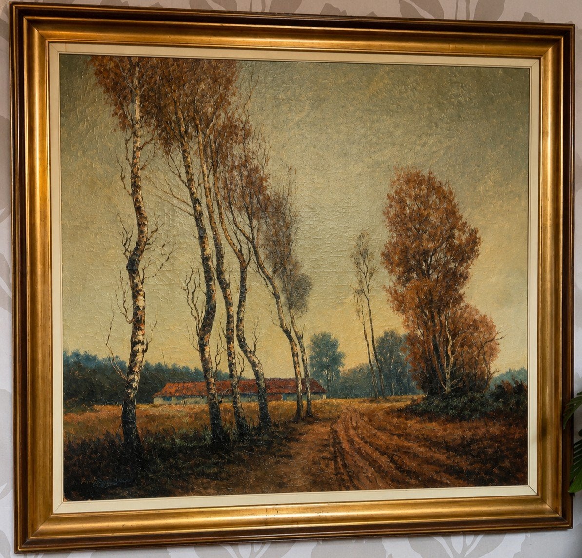 Landelijk landschapsschilderij in klassieke gouden lijst, Antiek en Kunst, Ophalen of Verzenden, Klassiek, Ingelijst