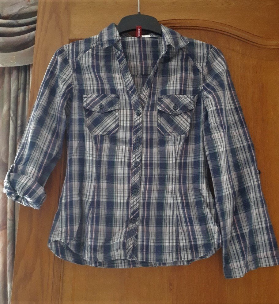 Blouse LM - Divided H&M - blauw ruit - maat 36 - € 2.50, H&M, Maat 36 (S), Gedragen, Verzenden