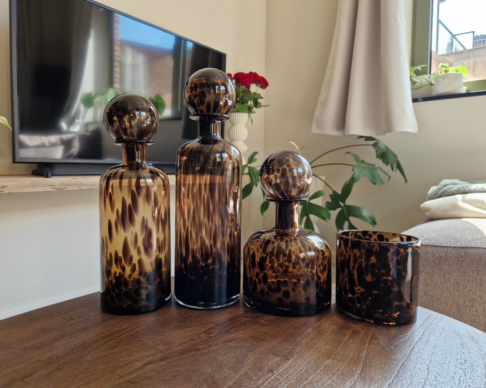 J-LINE glazen decoratieset – 4-delig, Huis en Inrichting, Ophalen, Zo goed als nieuw, Bruin