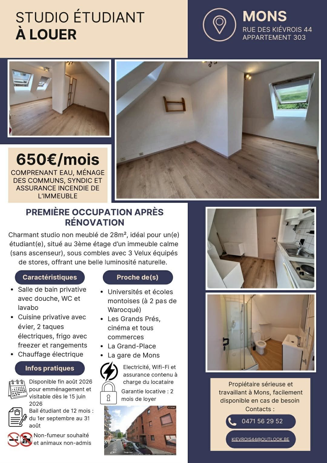 Studio étudiant à louer à Mons, 20 à 35 m², Province de Hainaut