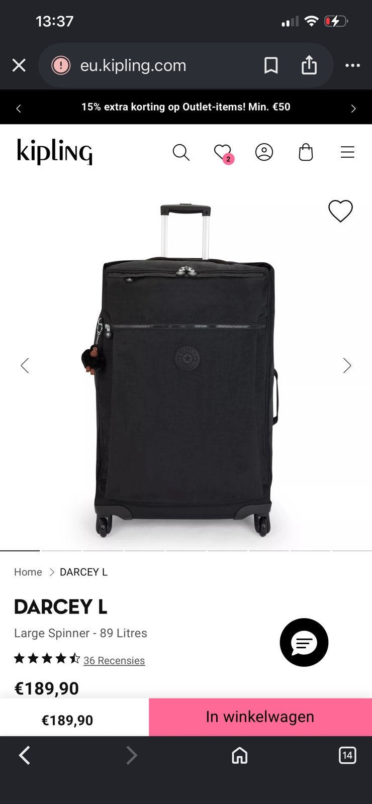 Kipling reiskoffer, Overige materialen, Zo goed als nieuw, Slot, 35 tot 45 cm