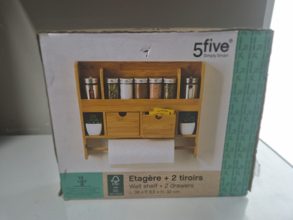 NIEUW 5five Bamboe Wandrek – 2 Lades & Keukenrolhouder, Huis en Inrichting, Ophalen, Nieuw